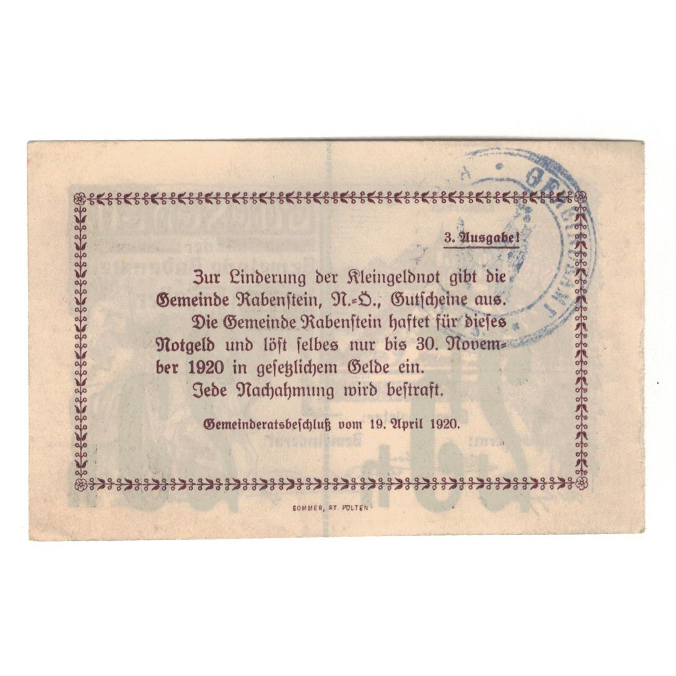 Banknote, Austria, Rabenstein N.Ö. Gemeinde, 25 Heller, Texte, 1920