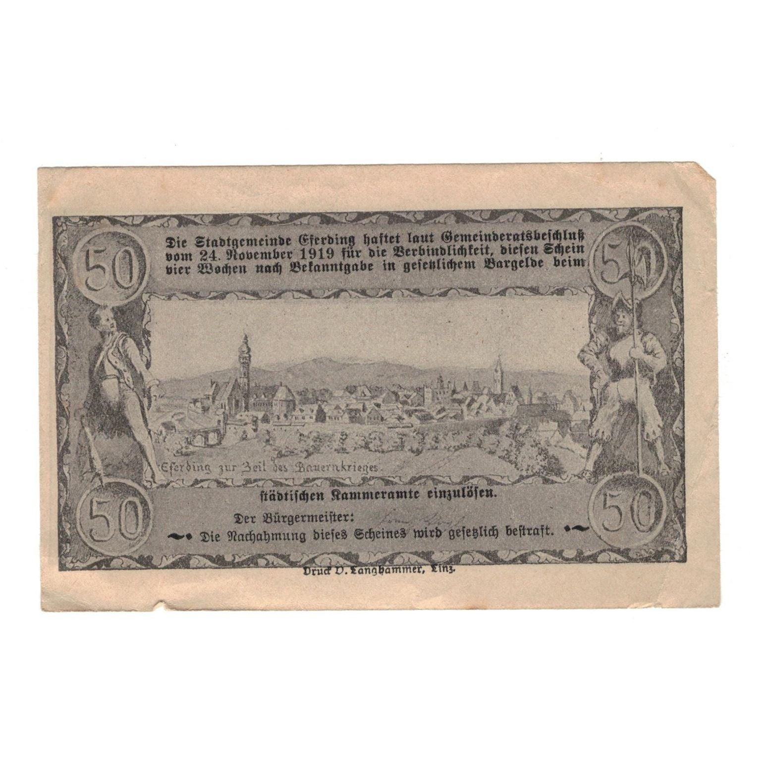 Geldschein, Österreich, Eferding O.Ö. Stadtgemeinde, 50 Heller, paysage, 1919