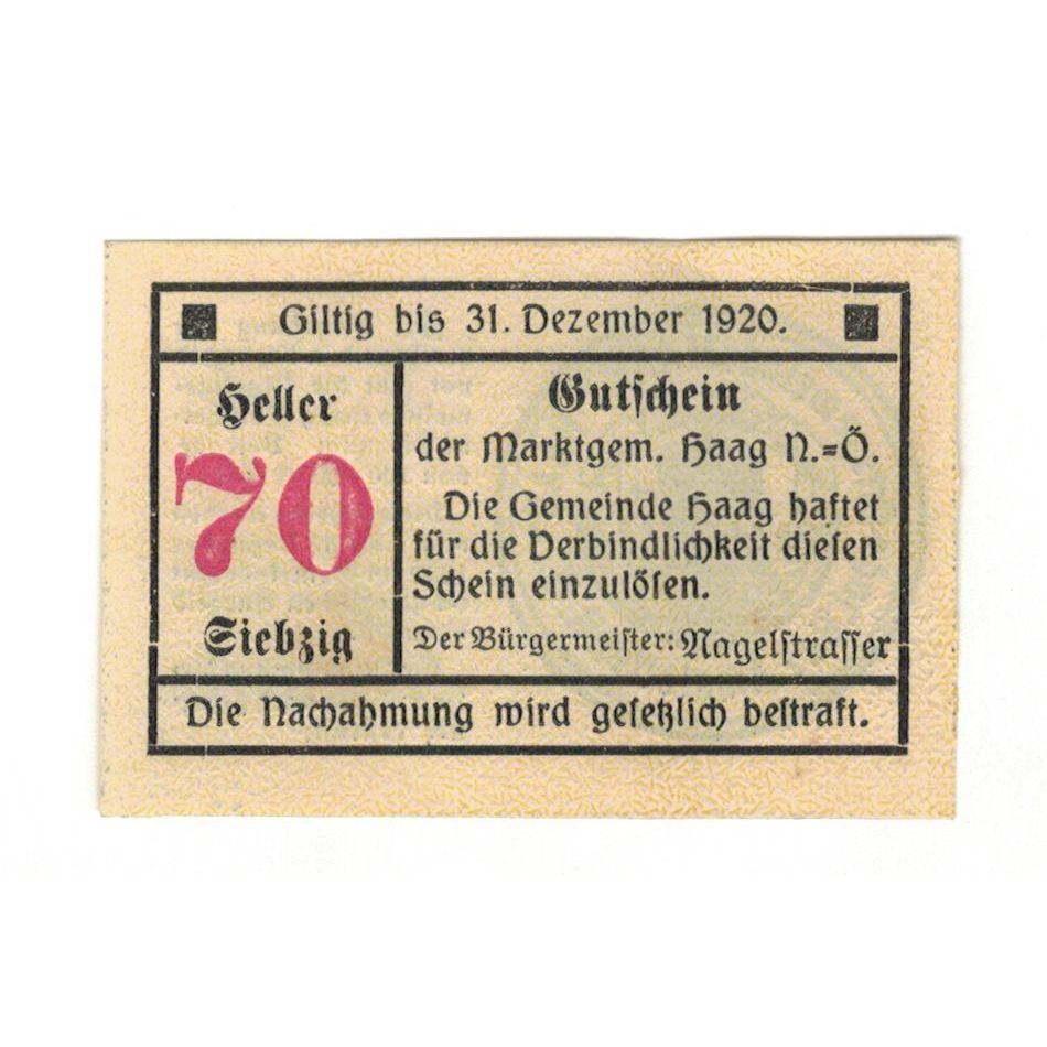 Geldschein, Österreich, Haag-Marktgemeinde N.Ö. Marktgemeinde, 70 Heller