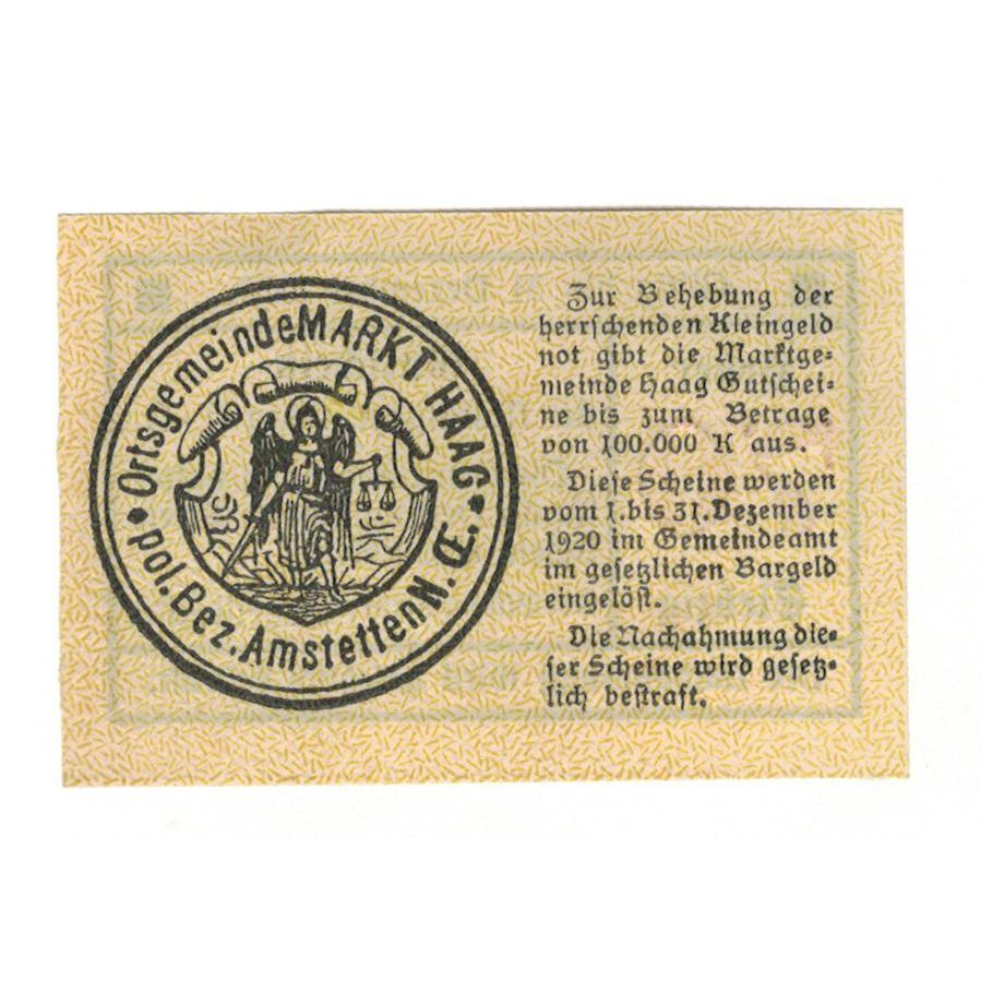 Geldschein, Österreich, Haag-Marktgemeinde N.Ö. Marktgemeinde, 70 Heller