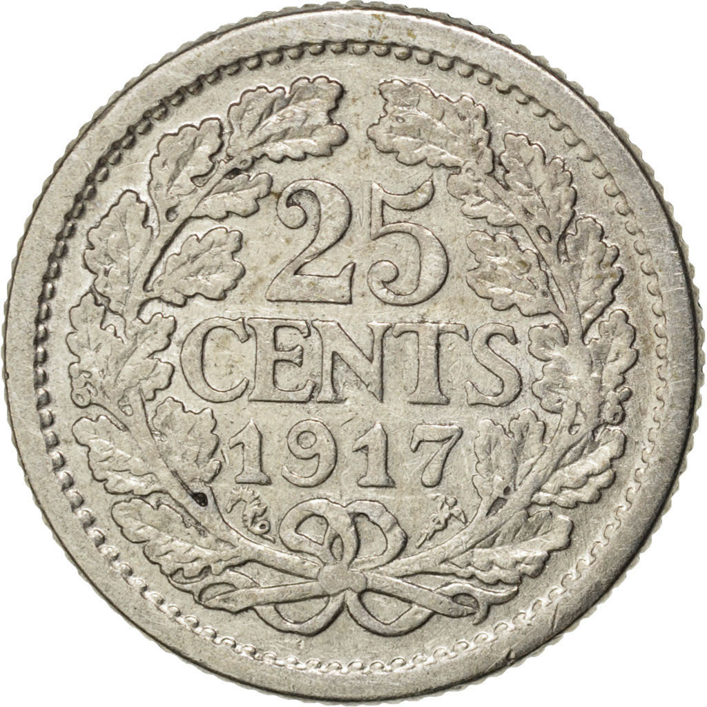 Coin, Netherlands, Wilhelmina I, 25 Cents, 1917, EF(40-45), Silver, KM:146