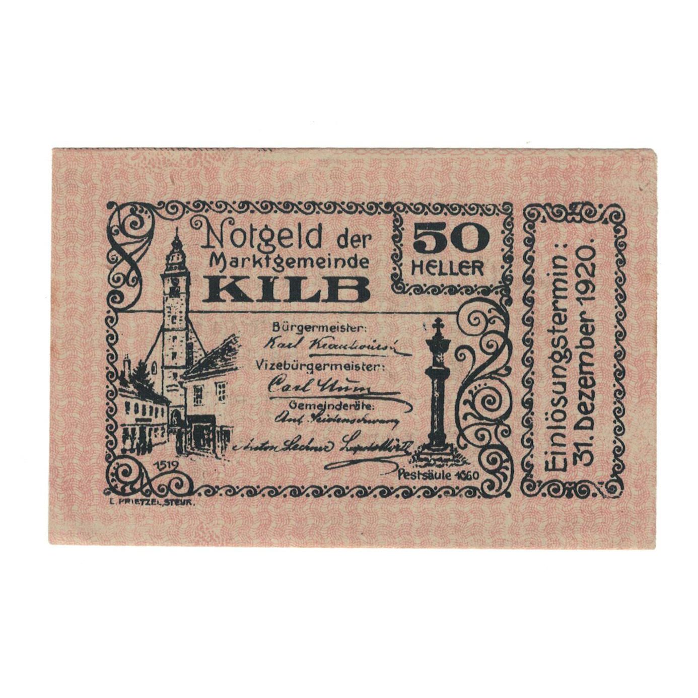 Geldschein, Österreich, Kilb N.Ö. Marktgemeinde, 50 Heller, Texte, 1920