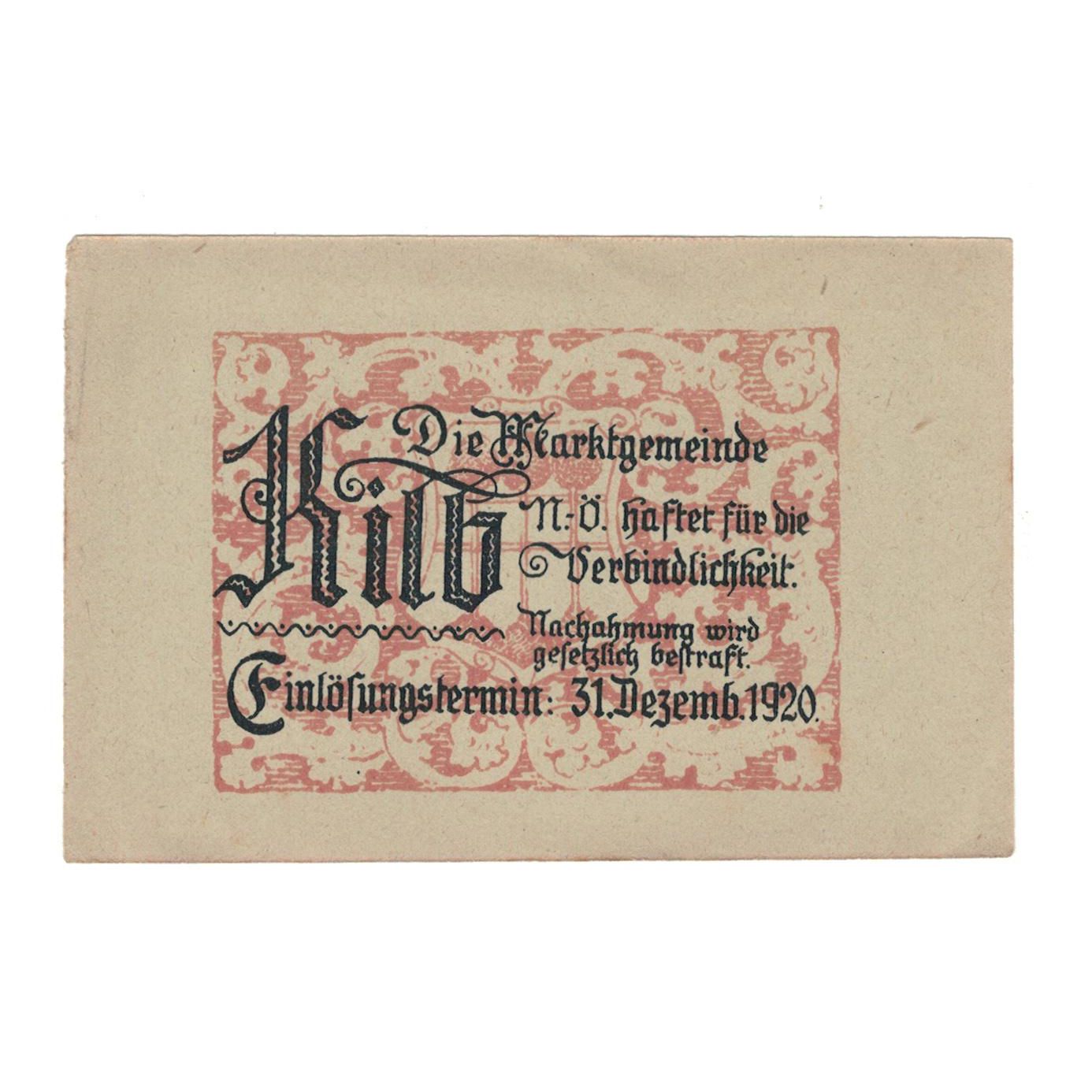 Geldschein, Österreich, Kilb N.Ö. Marktgemeinde, 50 Heller, Texte, 1920