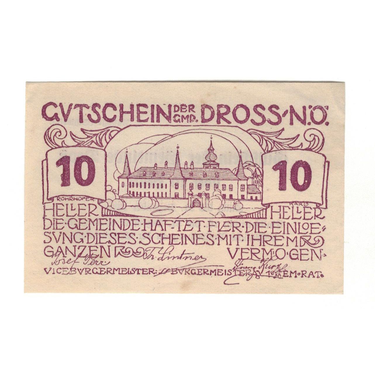 Geldschein, Österreich, Dross N.Ö. Gemeinde, 10 Heller, Texte, 1920
