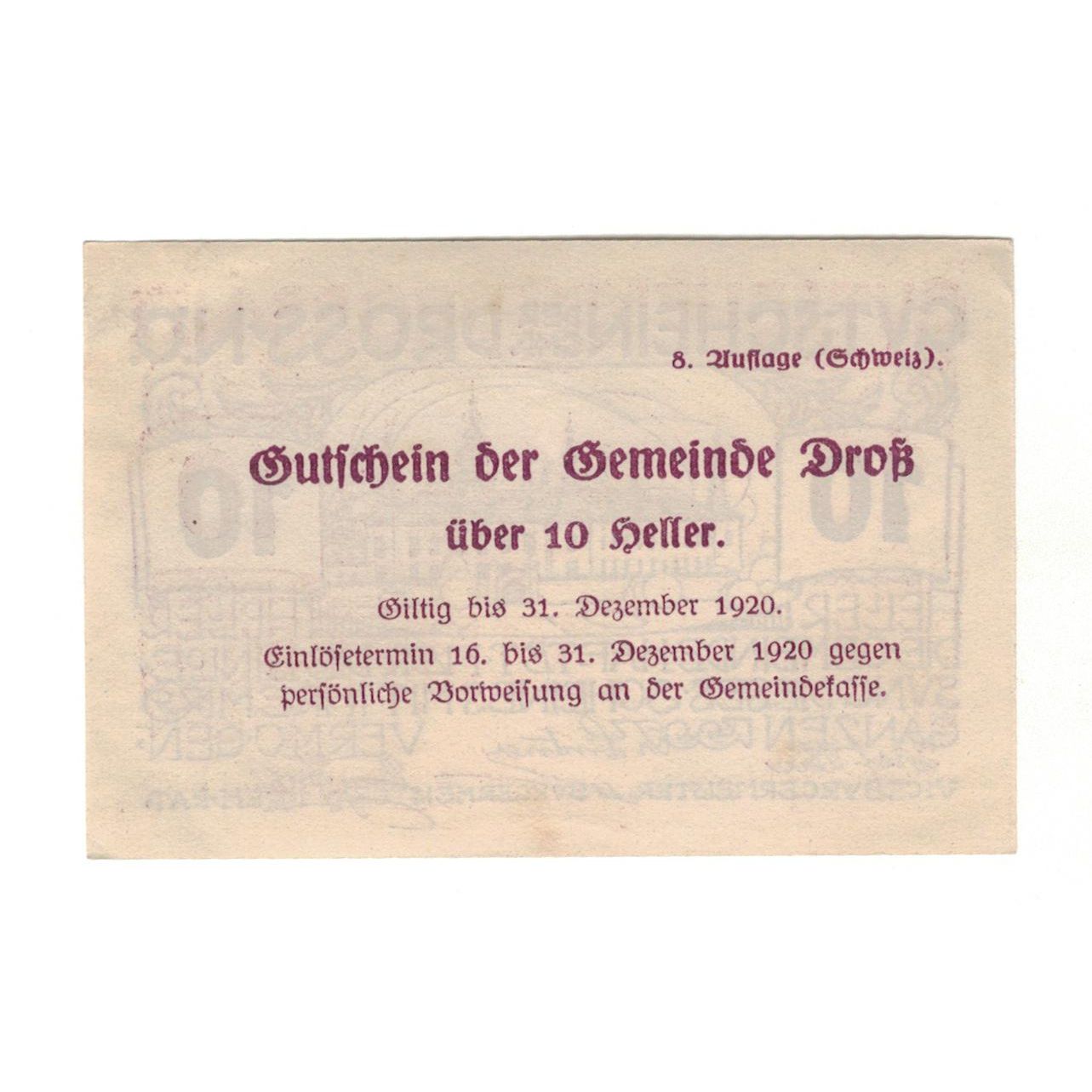 Geldschein, Österreich, Dross N.Ö. Gemeinde, 10 Heller, Texte, 1920