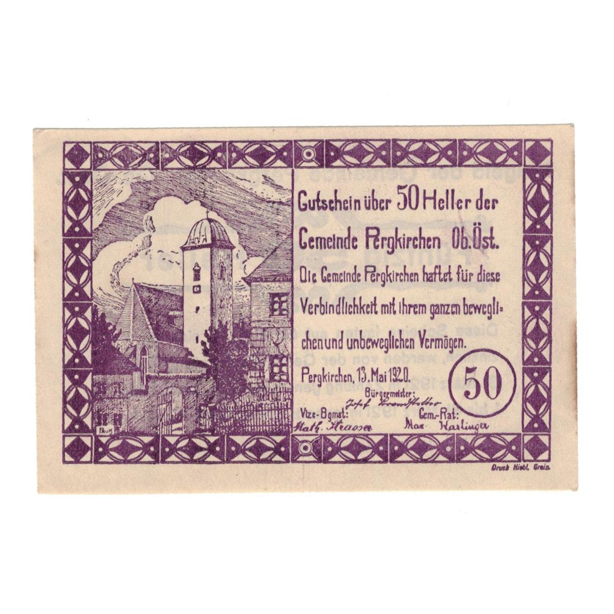Banknote, Austria, Pergkirchen O.Ö. Gemeinde, 50 Heller, Texte, 1920
