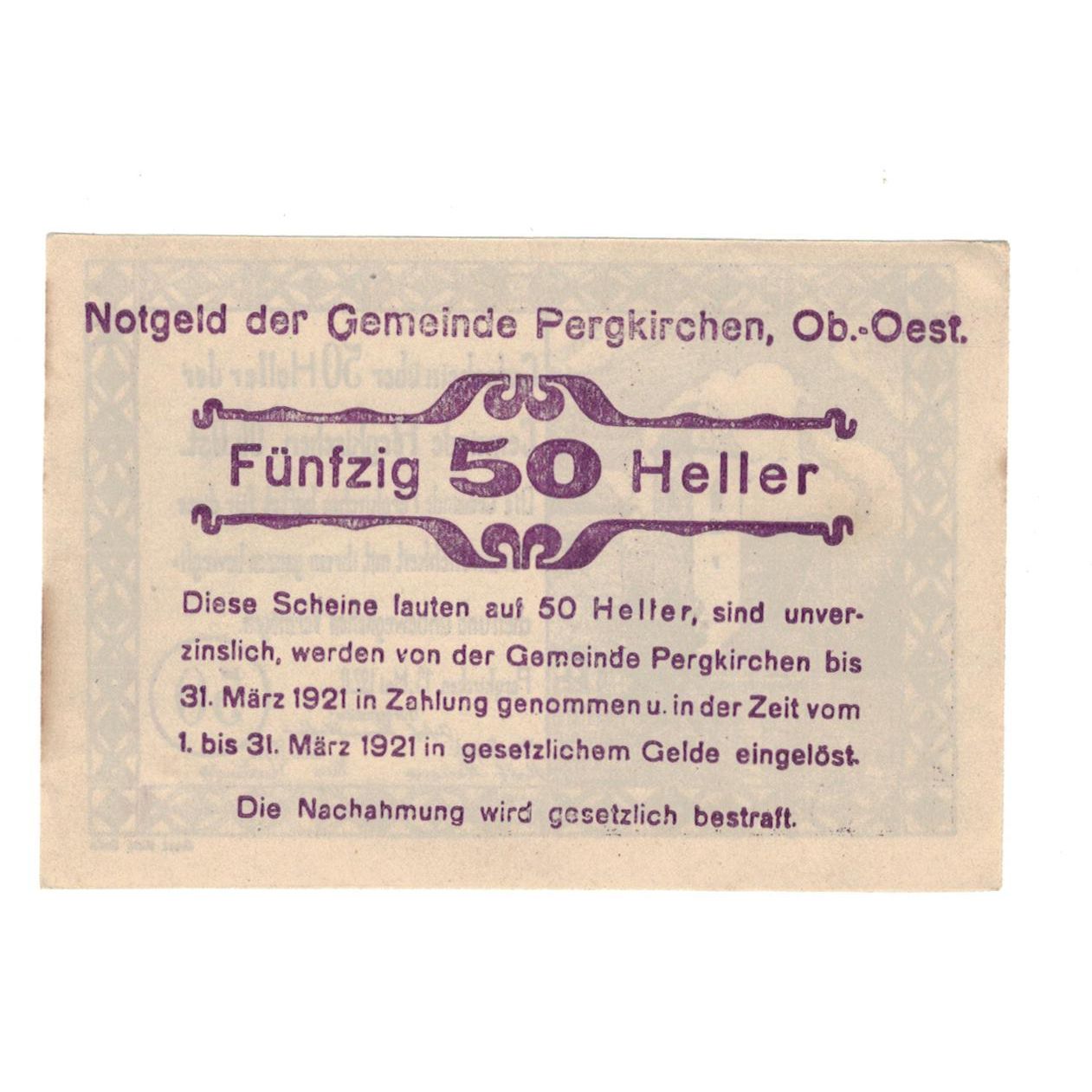 Banknote, Austria, Pergkirchen O.Ö. Gemeinde, 50 Heller, Texte, 1920