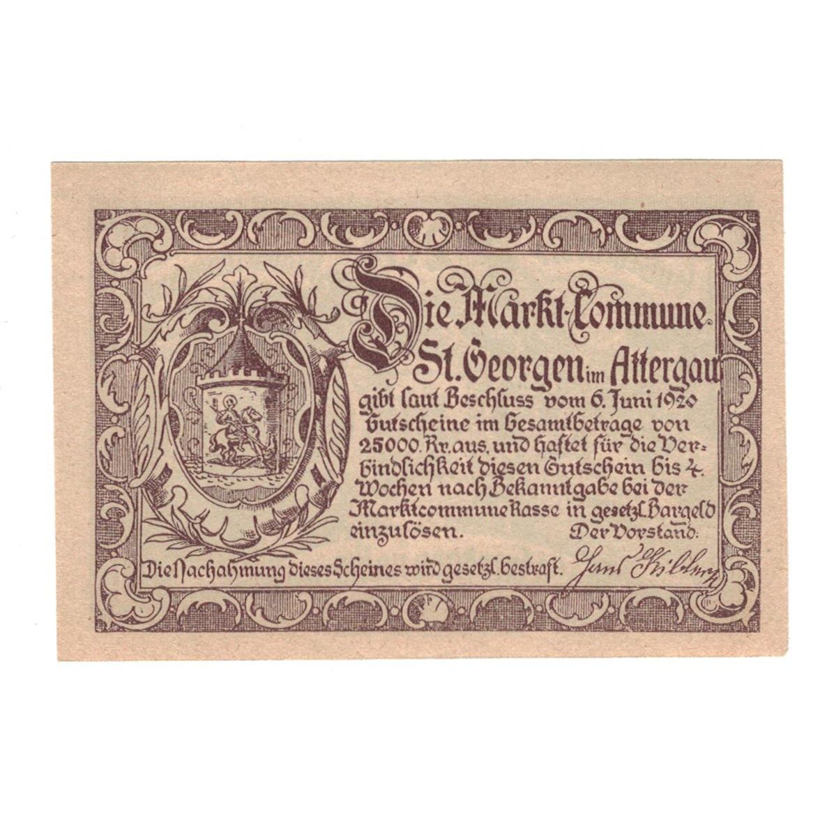 Banknote, Austria, St Georgen im Attergau, 20 Heller, Blason, 1920, 1920-06-06