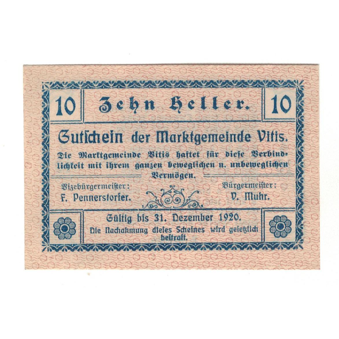 Geldschein, Österreich, 10 Heller, Texte, 1920, 1920-12-31, VZ, Mehl:FS 1115II