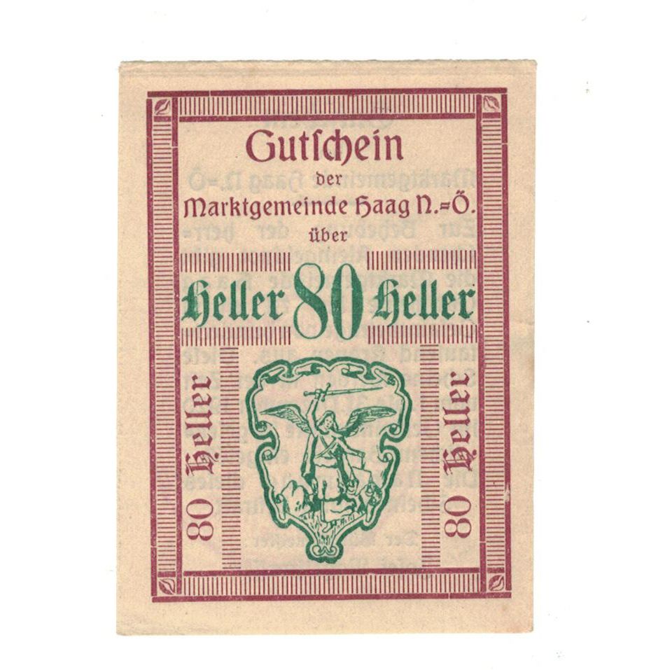 Banknote, Austria, Haag-Marktgemeinde N.Ö. Marktgemeinde, 80 Heller, Texte