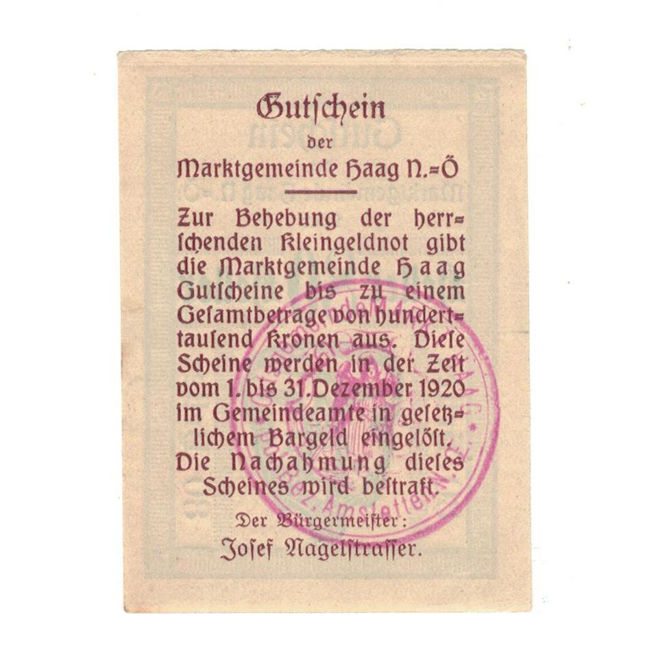Banknote, Austria, Haag-Marktgemeinde N.Ö. Marktgemeinde, 80 Heller, Texte