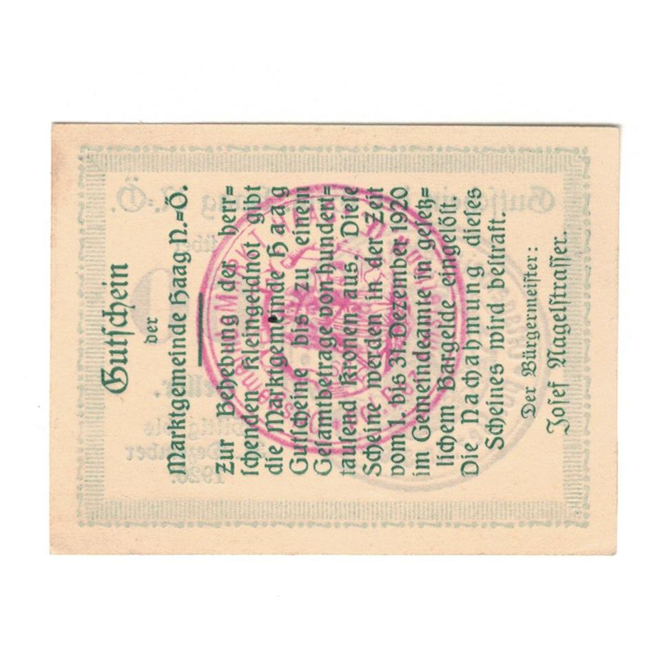 Banknote, Austria, Haag-Marktgemeinde N.Ö. Marktgemeinde, 60 Heller, Texte