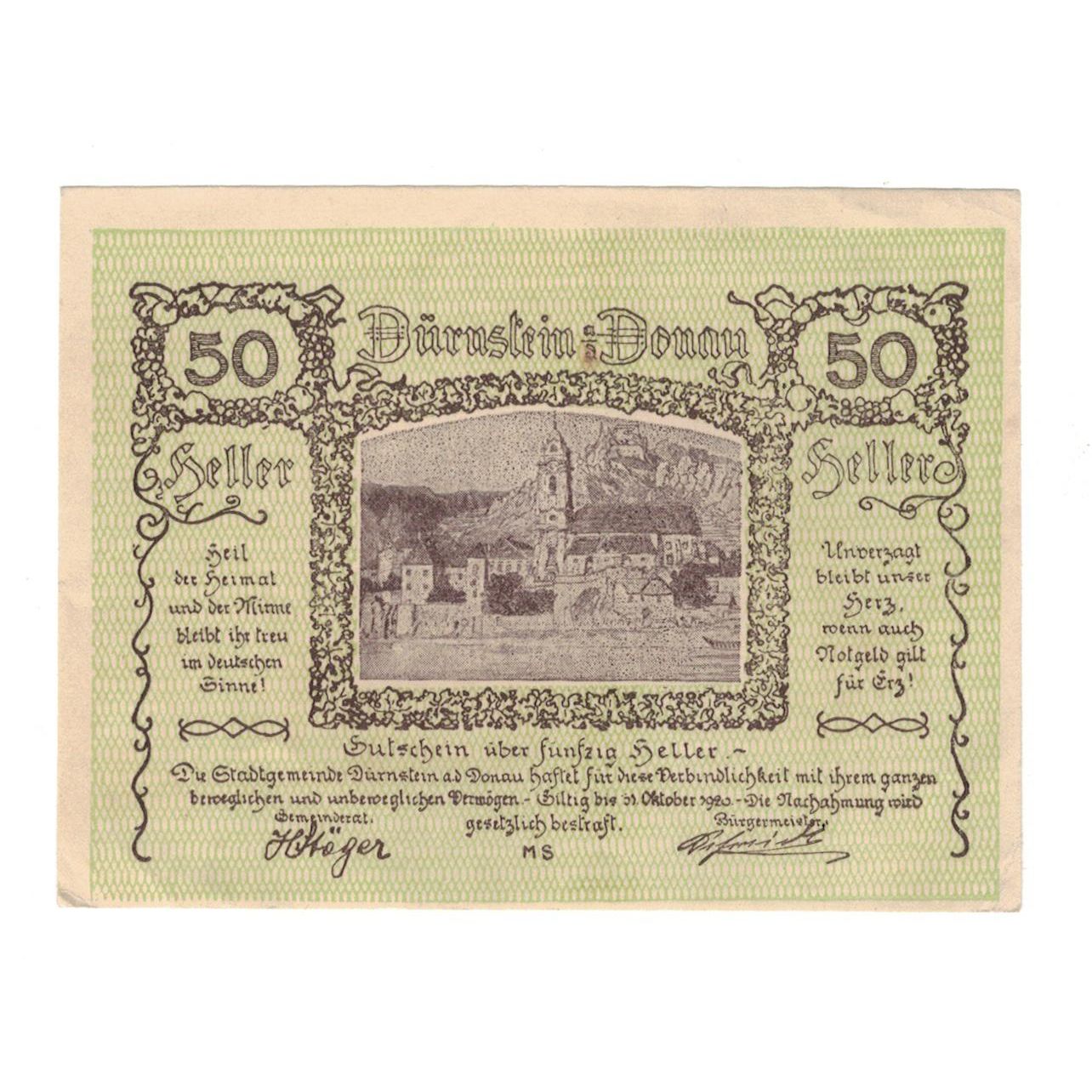 Geldschein, Österreich, Dürnstein N.Ö. Stadtgemeinde, 50 Heller, N.D, 1920