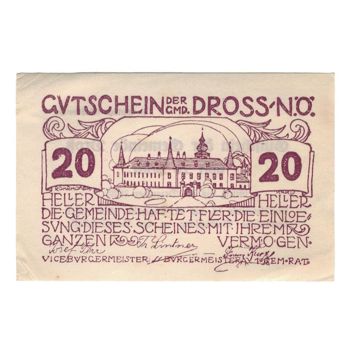 Geldschein, Österreich, Dross N.Ö. Gemeinde, 20 Heller, Texte, 1920