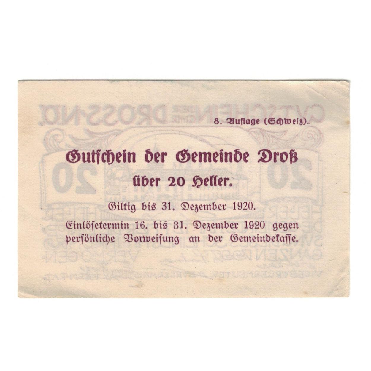 Geldschein, Österreich, Dross N.Ö. Gemeinde, 20 Heller, Texte, 1920