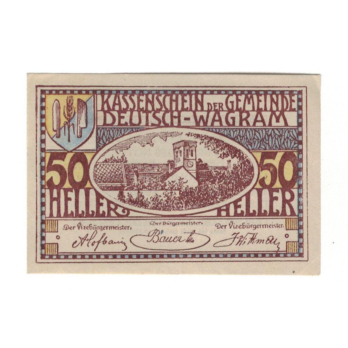 Geldschein, Österreich, Deutsch-Wagram N.Ö. Gemeinde, 50 Heller, Texte, 1920