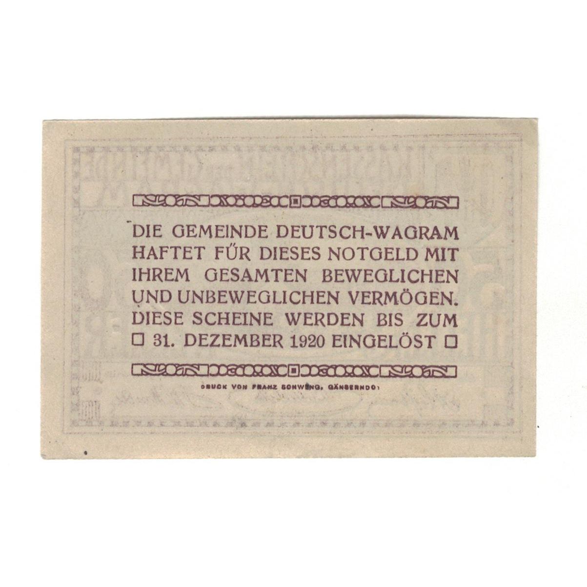Geldschein, Österreich, Deutsch-Wagram N.Ö. Gemeinde, 50 Heller, Texte, 1920