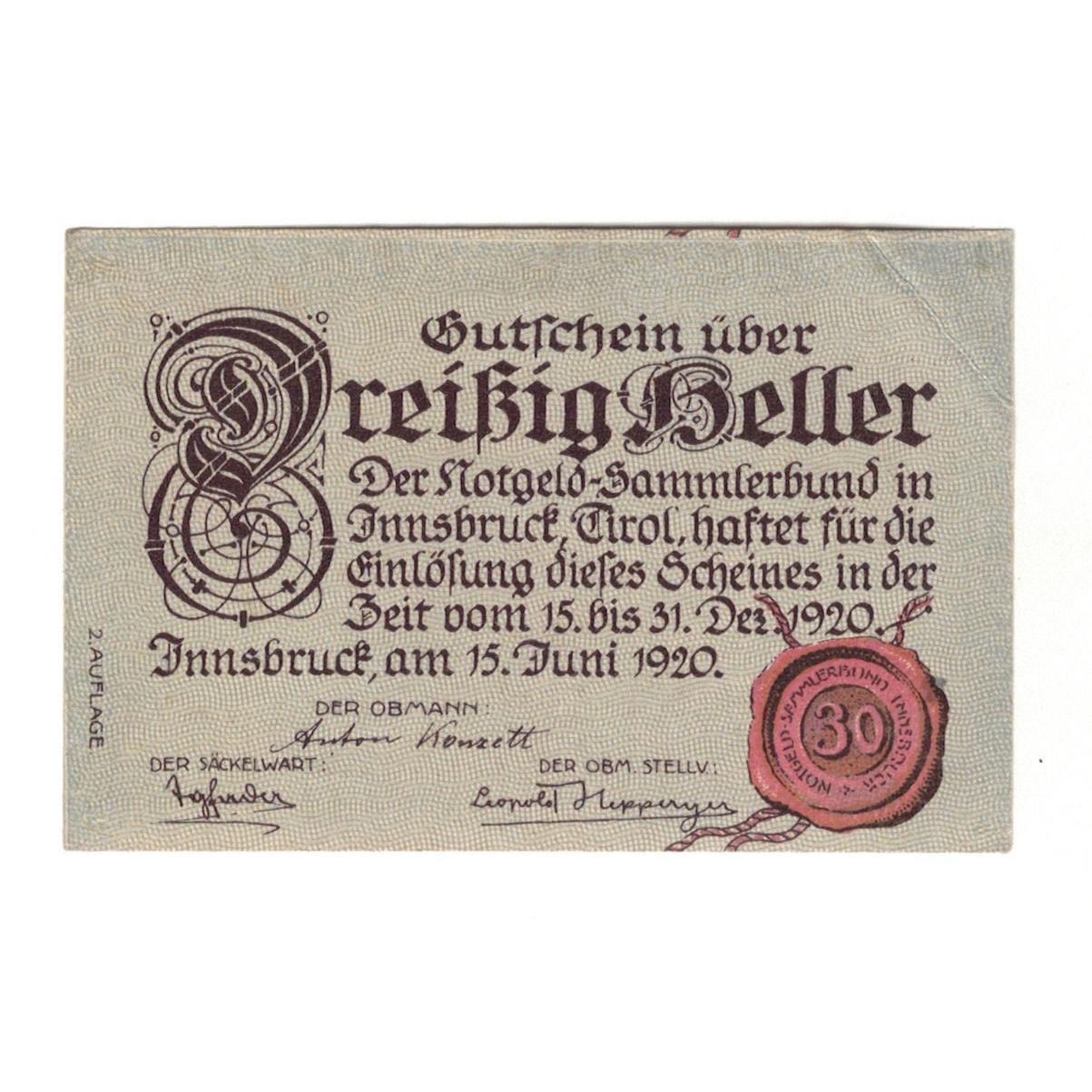 Geldschein, Österreich, Innsbruck Tirol Prv. Notgeld Sammlerbund Innsbruck, 30