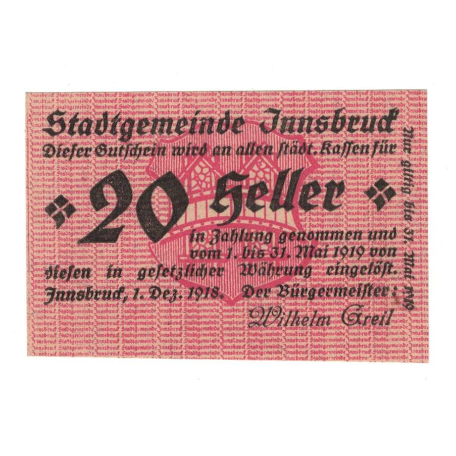Geldschein, Österreich, Innsbruck Tirol Stadtgemeinde, 20 Heller, N.D, 1918