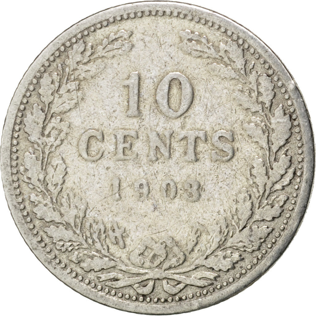 NETHERLANDS, 10 Cents, 1903, KM #135, F(12-15), Silver, 15, 1.35