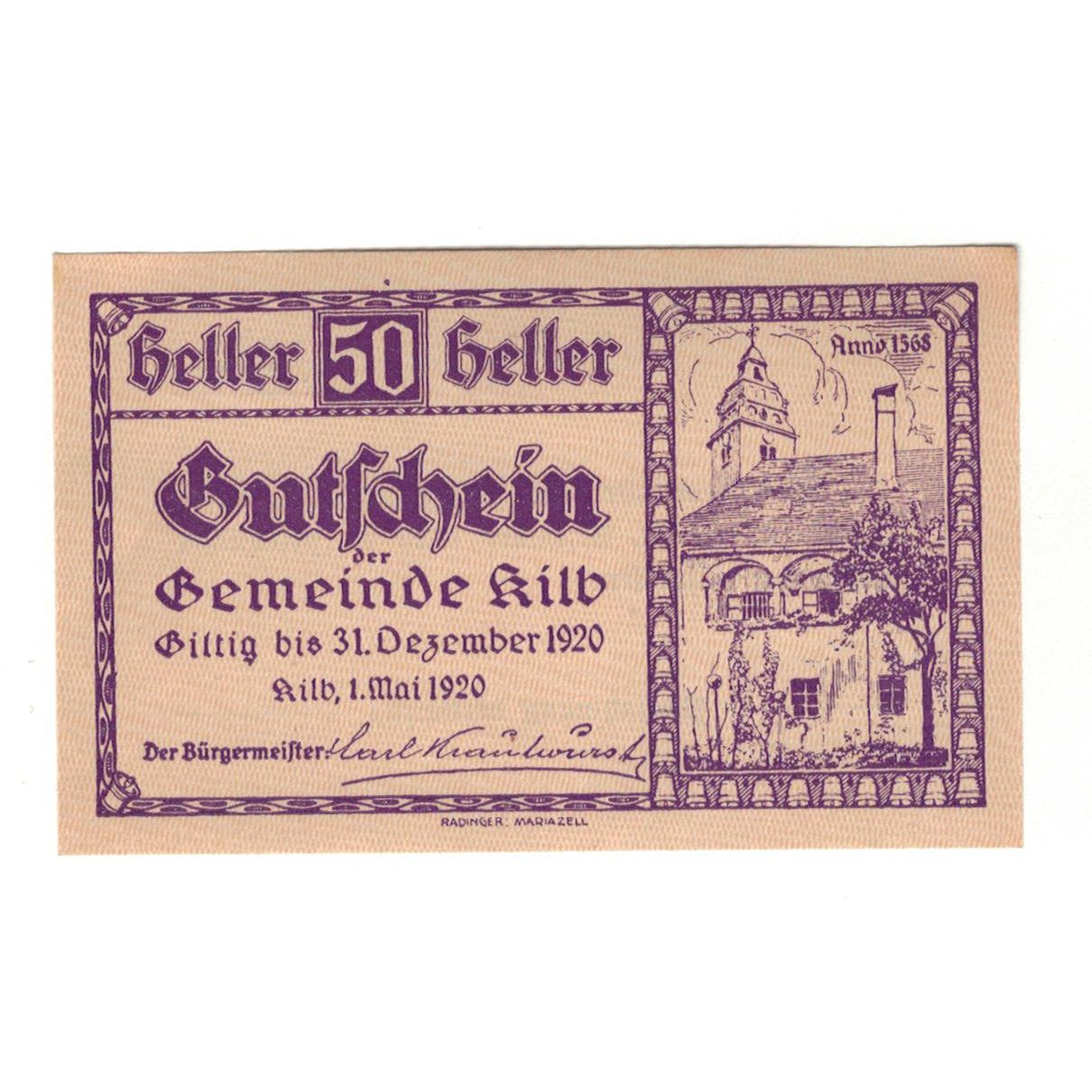 Geldschein, Österreich, Kilb N.Ö. Marktgemeinde, 50 Heller, Texte, 1920