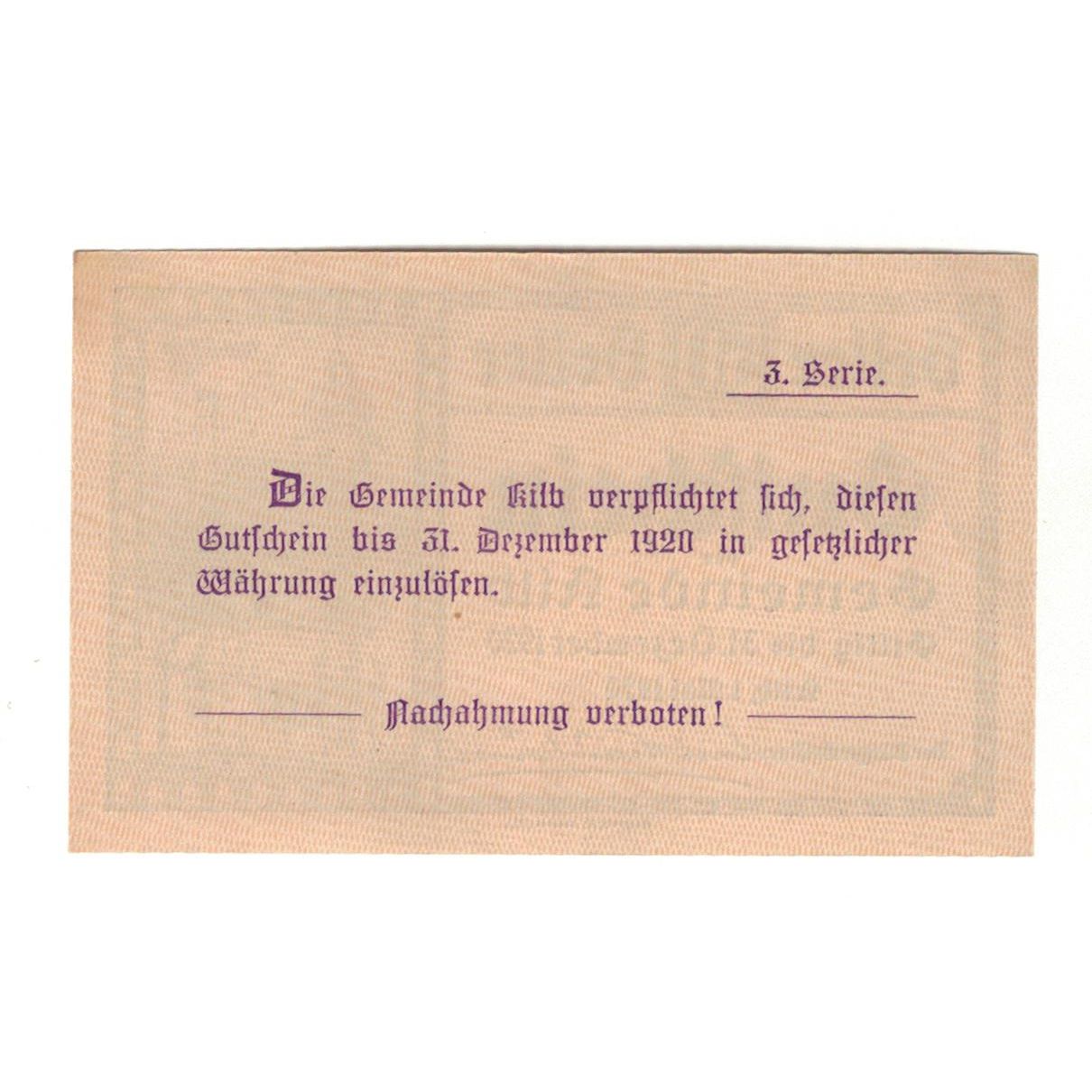 Geldschein, Österreich, Kilb N.Ö. Marktgemeinde, 50 Heller, Texte, 1920