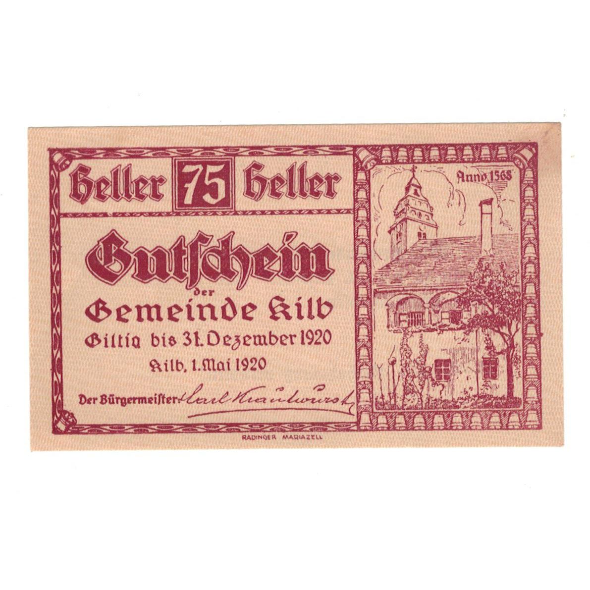Geldschein, Österreich, Kilb N.Ö. Marktgemeinde, 75 Heller, Texte, 1920