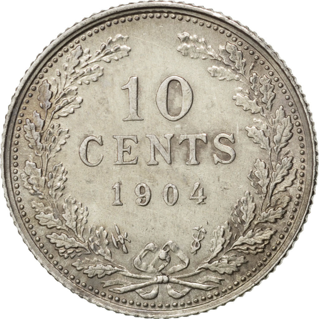 NETHERLANDS, 10 Cents, 1904, KM #136, AU(55-58), Silver, 15, 1.40