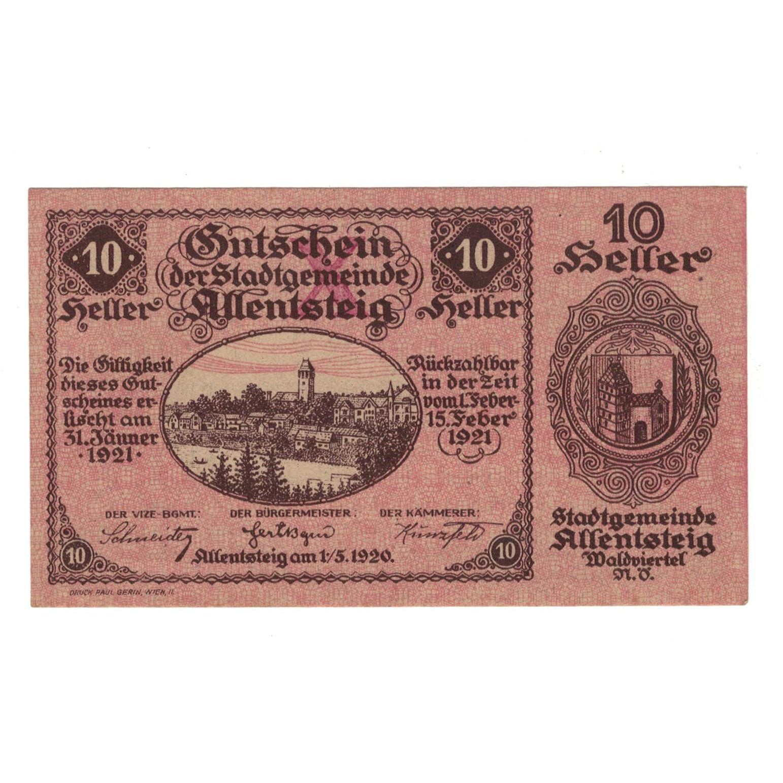 Geldschein, Österreich, Allentsteig N.Ö. Stadtgemeinde, 10 Heller, Texte