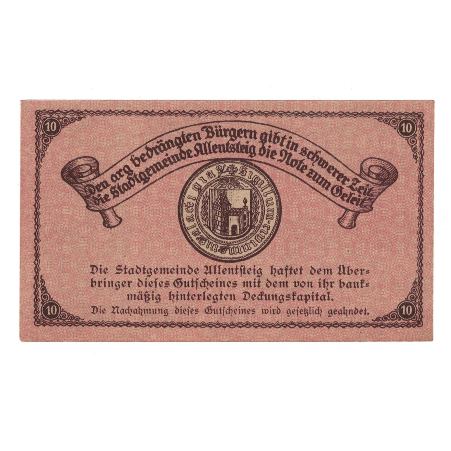 Geldschein, Österreich, Allentsteig N.Ö. Stadtgemeinde, 10 Heller, Texte
