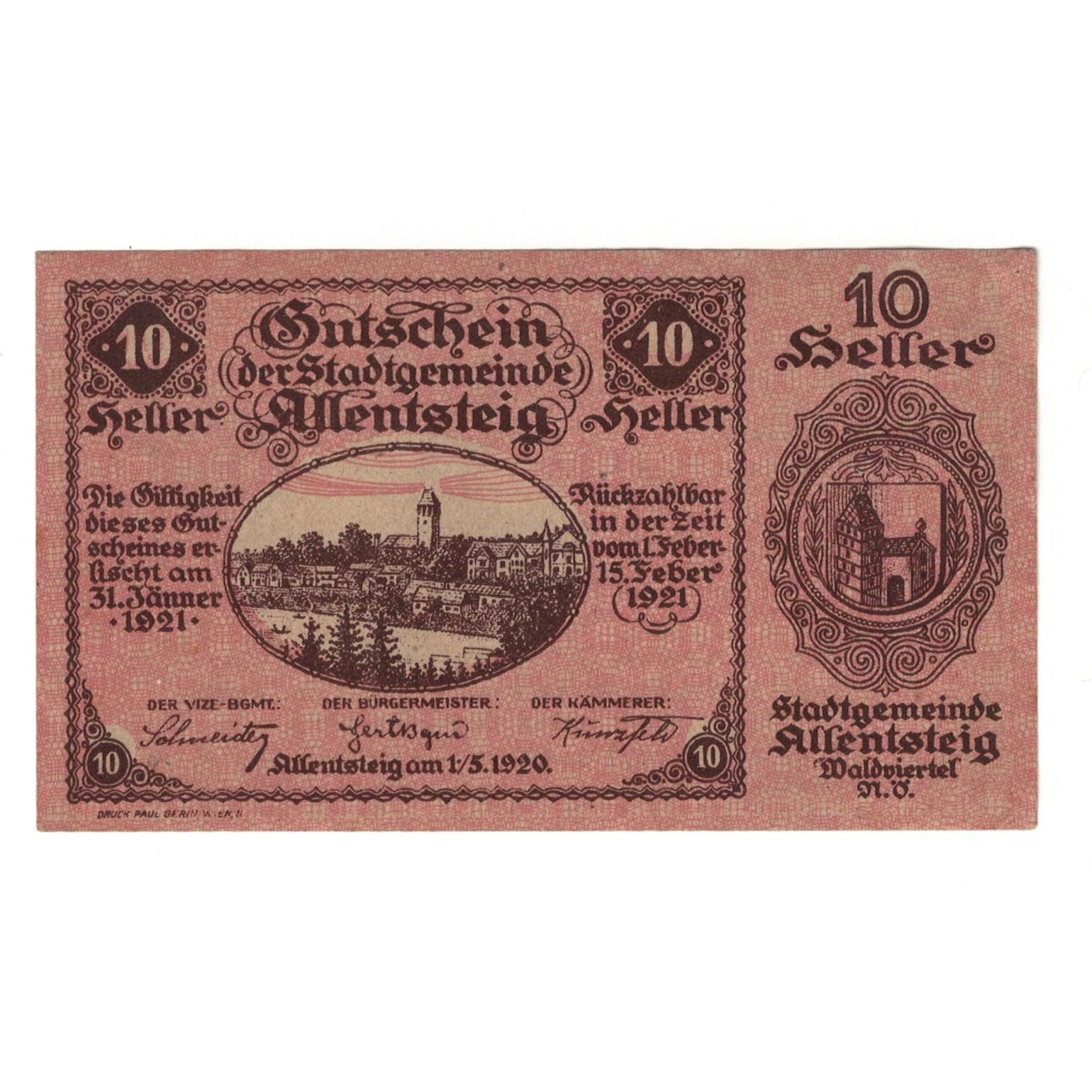 Geldschein, Österreich, Allentsteig N.Ö. Stadtgemeinde, 10 Heller, texte 1