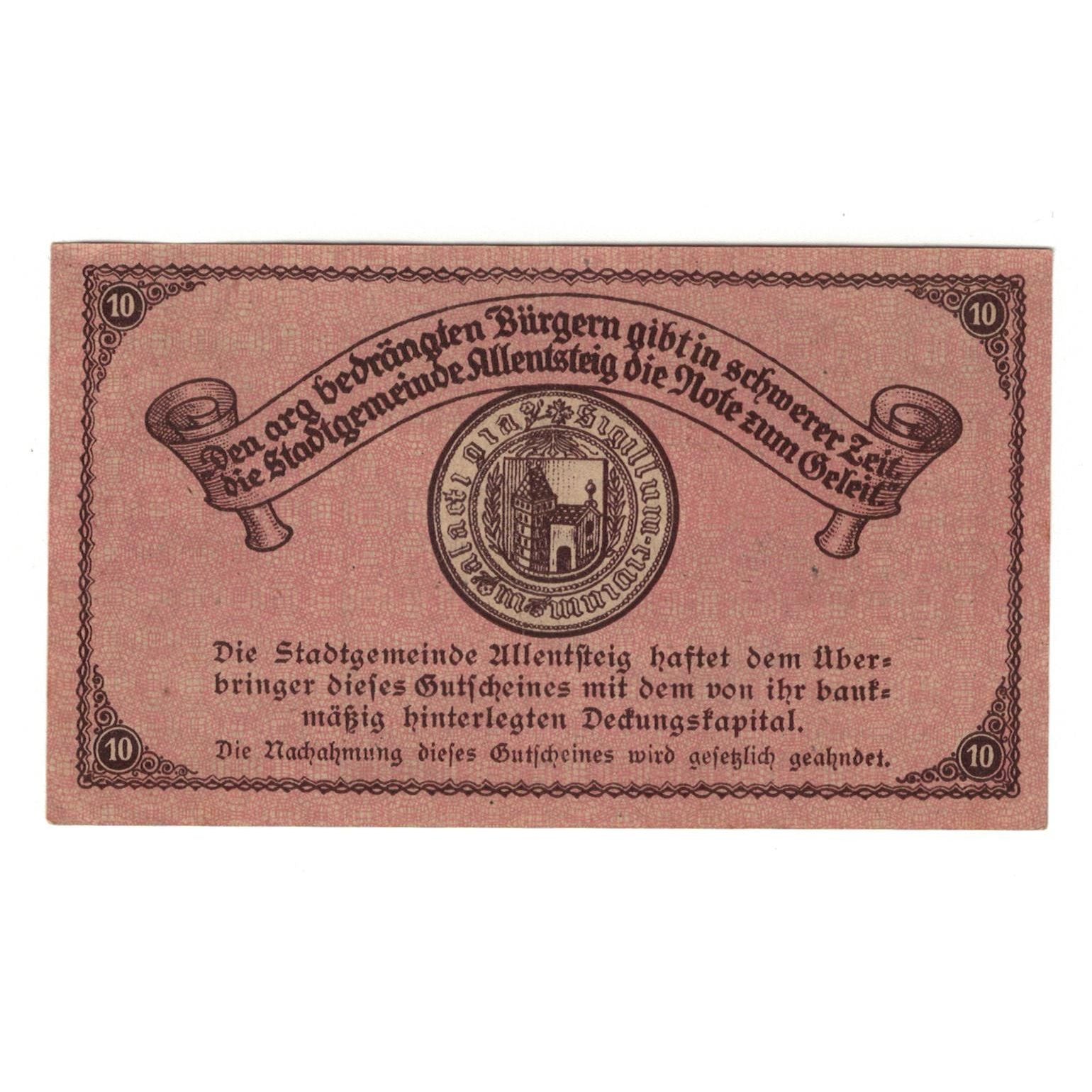 Geldschein, Österreich, Allentsteig N.Ö. Stadtgemeinde, 10 Heller, texte 1