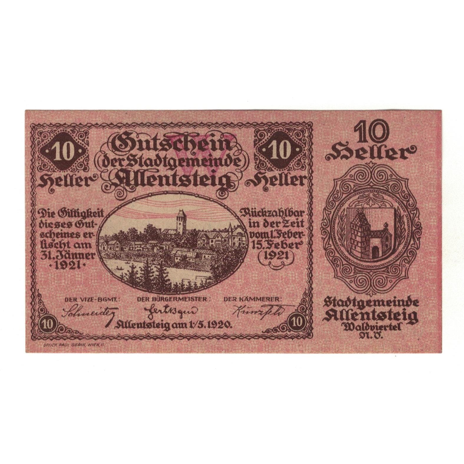 Geldschein, Österreich, Allentsteig N.Ö. Stadtgemeinde, 10 Heller, Texte 2