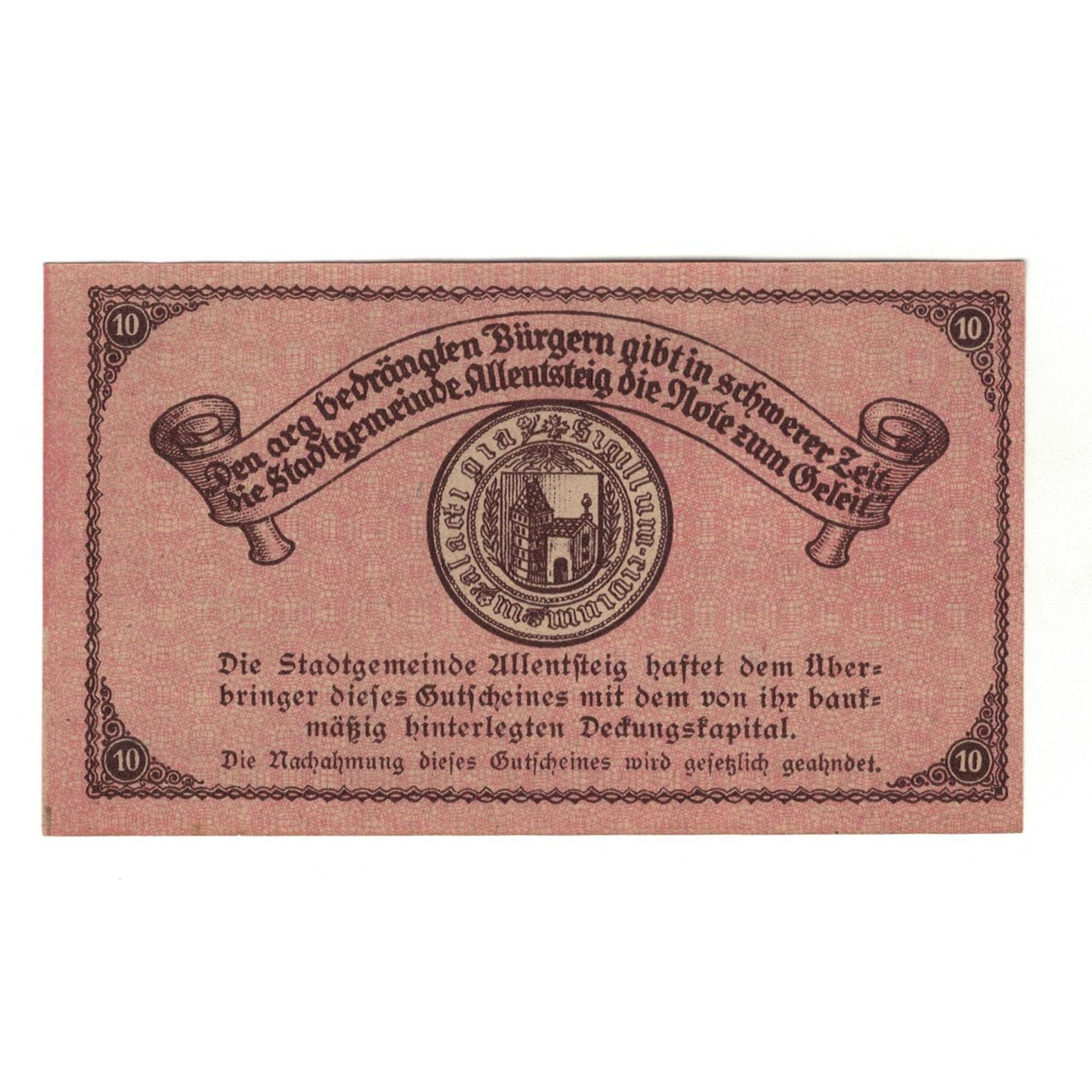 Geldschein, Österreich, Allentsteig N.Ö. Stadtgemeinde, 10 Heller, Texte 2