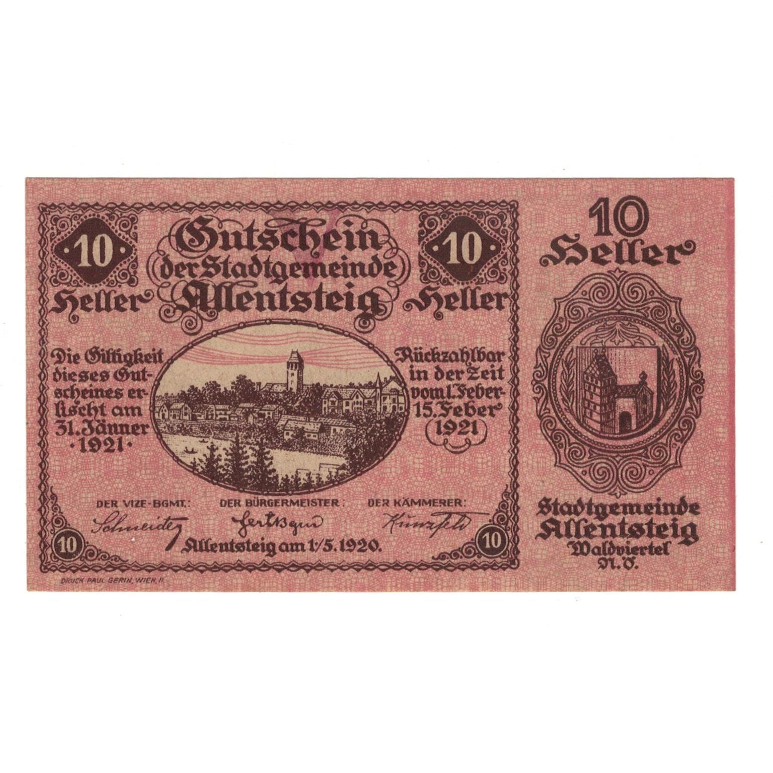 Geldschein, Österreich, Allentsteig N.Ö. Stadtgemeinde, 10 Heller, Texte 3