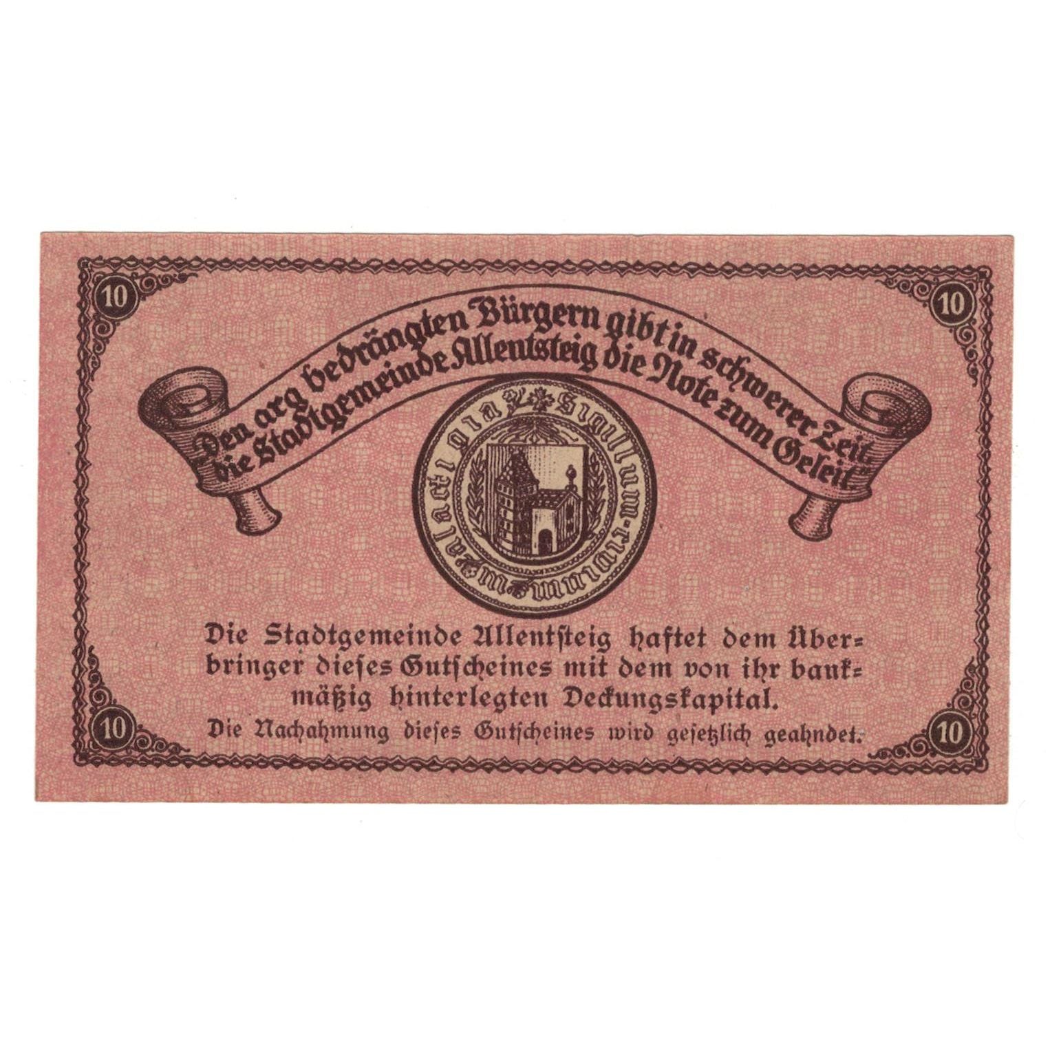 Geldschein, Österreich, Allentsteig N.Ö. Stadtgemeinde, 10 Heller, Texte 3