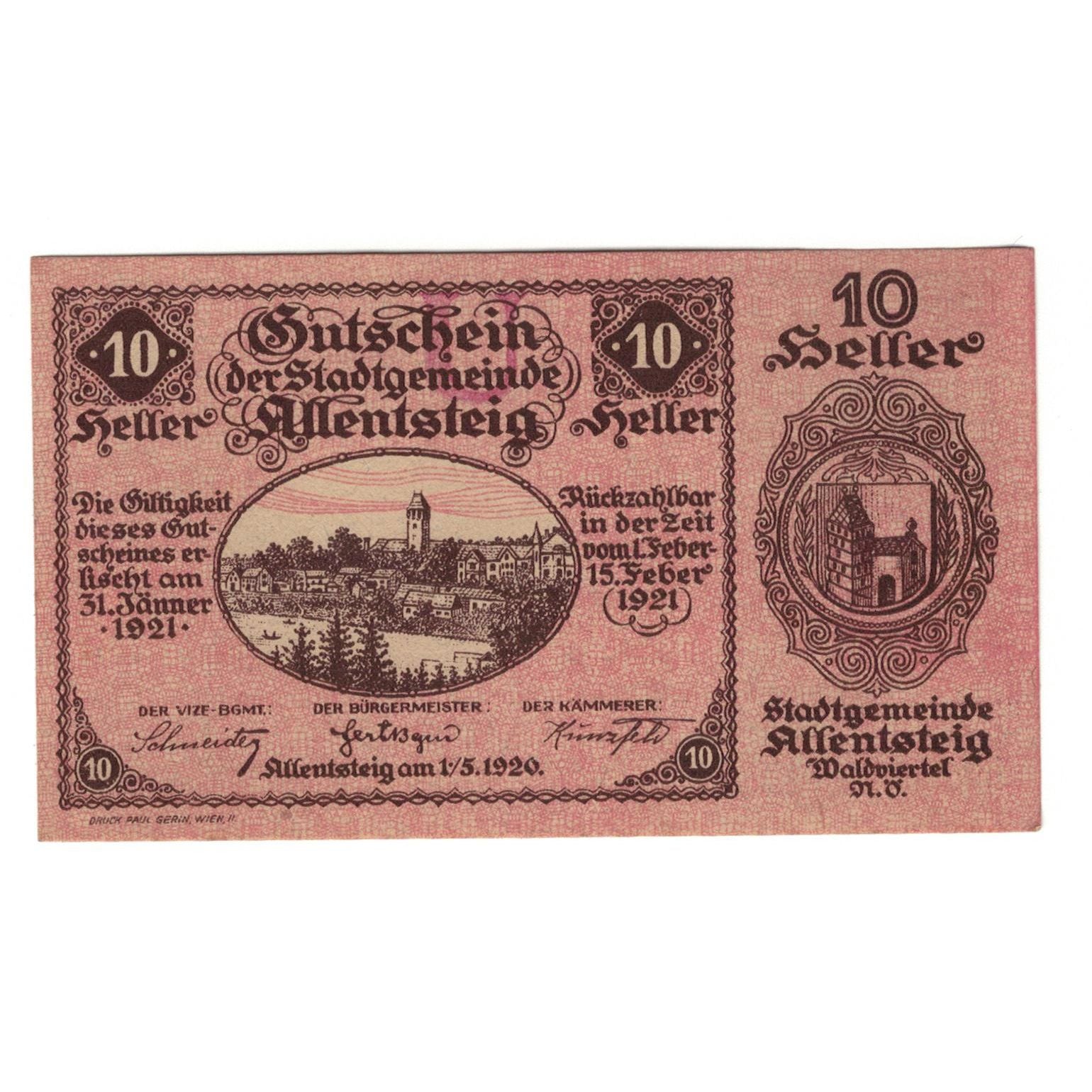Geldschein, Österreich, Allentsteig N.Ö. Stadtgemeinde, 10 Heller, Texte 4