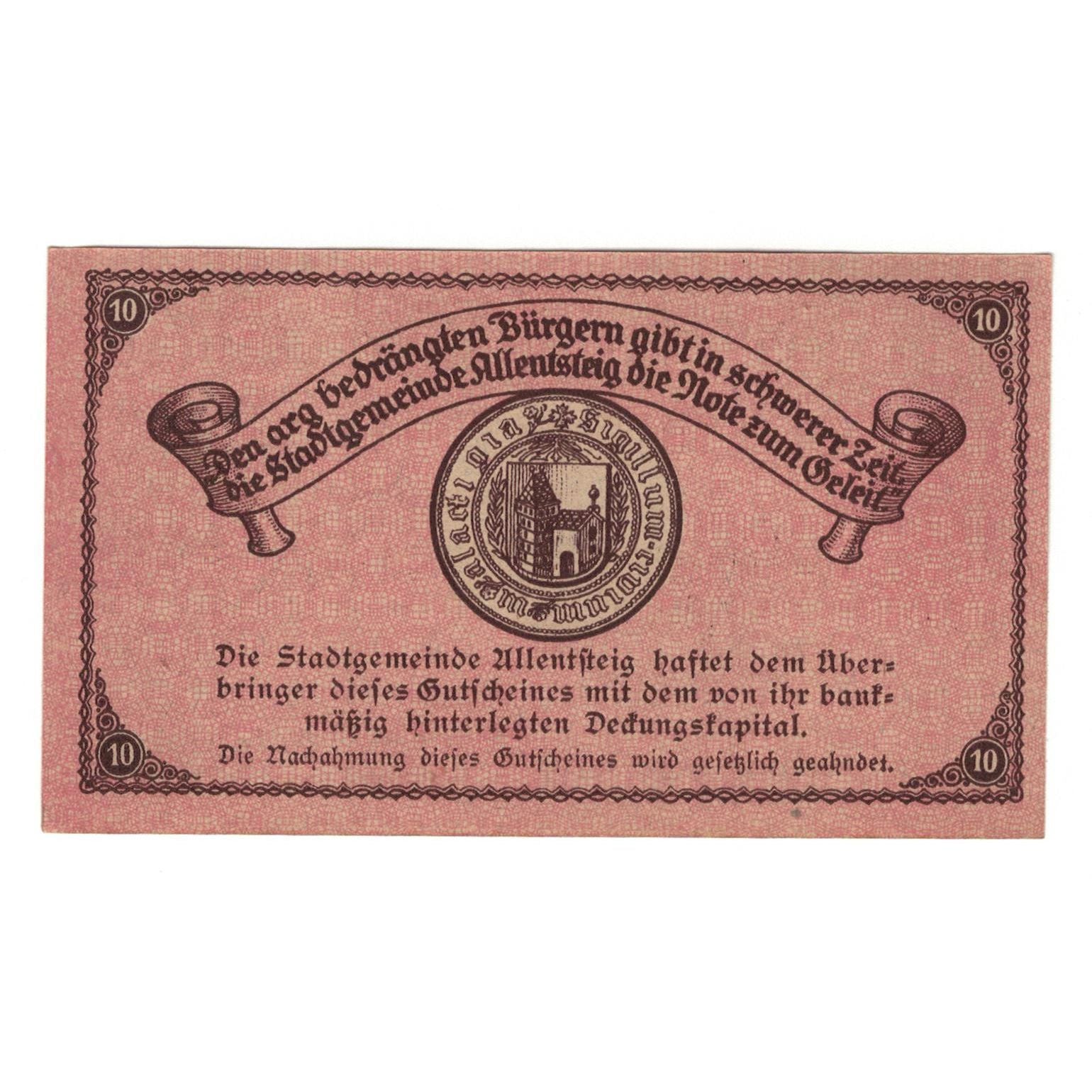 Geldschein, Österreich, Allentsteig N.Ö. Stadtgemeinde, 10 Heller, Texte 4