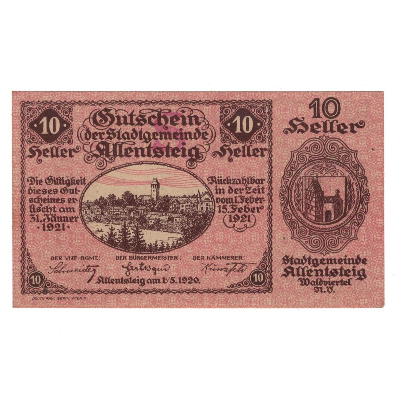 Geldschein, Österreich, Allentsteig N.Ö. Stadtgemeinde, 10 Heller, Texte 6