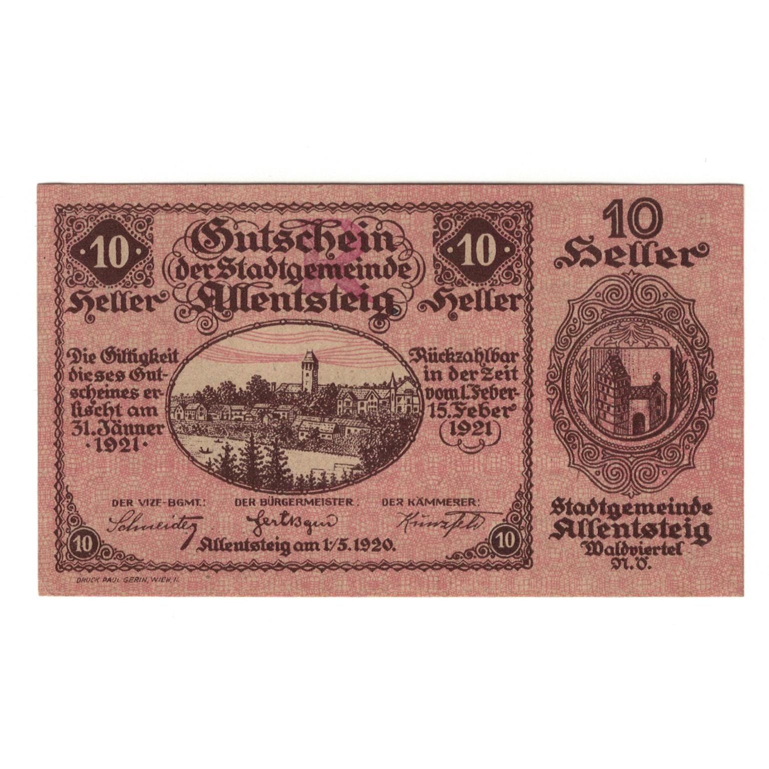 Geldschein, Österreich, Allentsteig N.Ö. Stadtgemeinde, 10 Heller, Texte 7