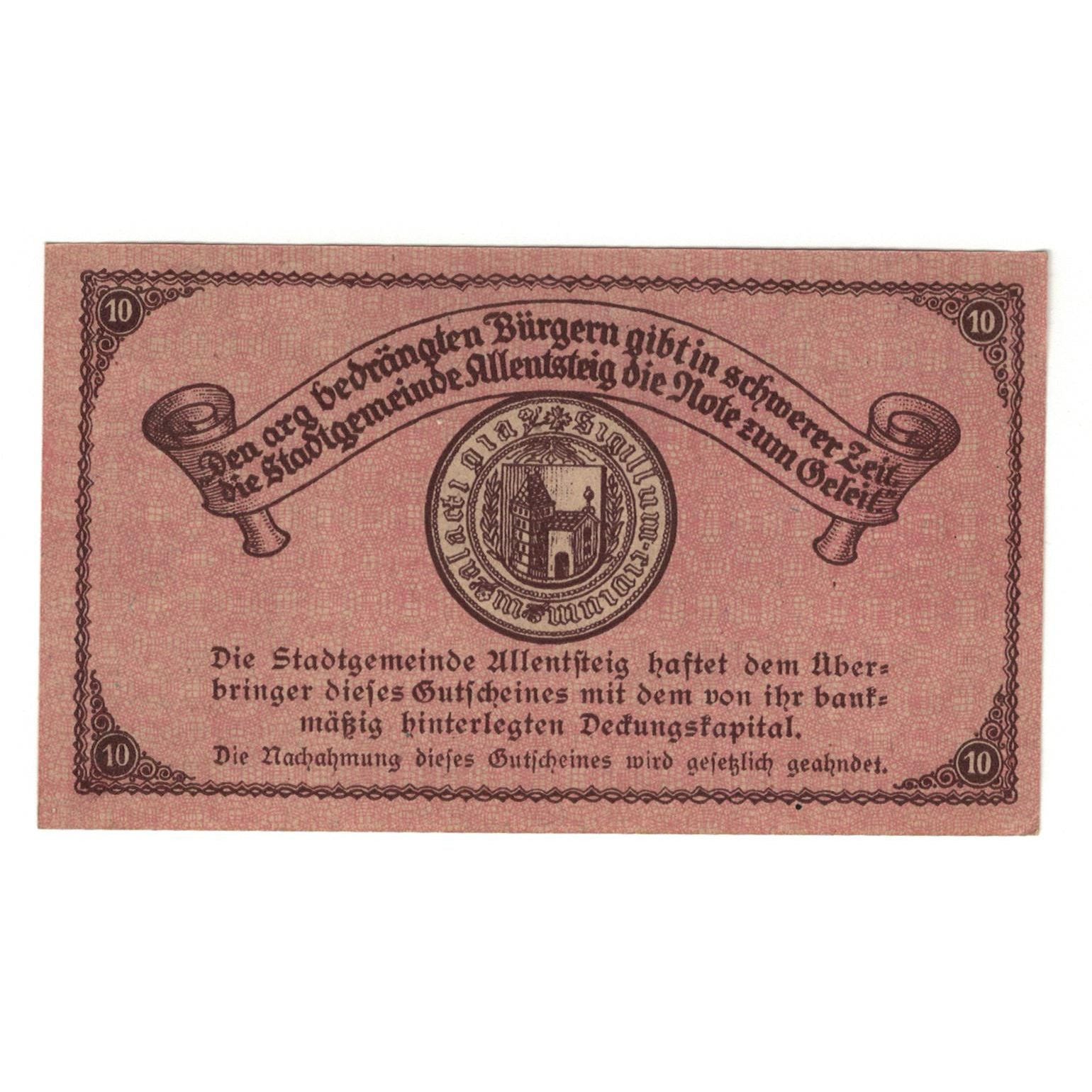 Geldschein, Österreich, Allentsteig N.Ö. Stadtgemeinde, 10 Heller, Texte 7