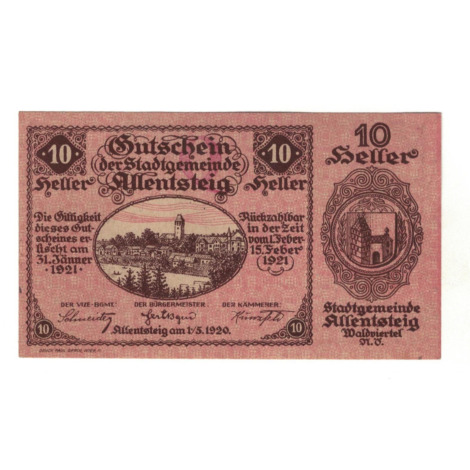 Geldschein, Österreich, Allentsteig N.Ö. Stadtgemeinde, 10 Heller, Texte 8