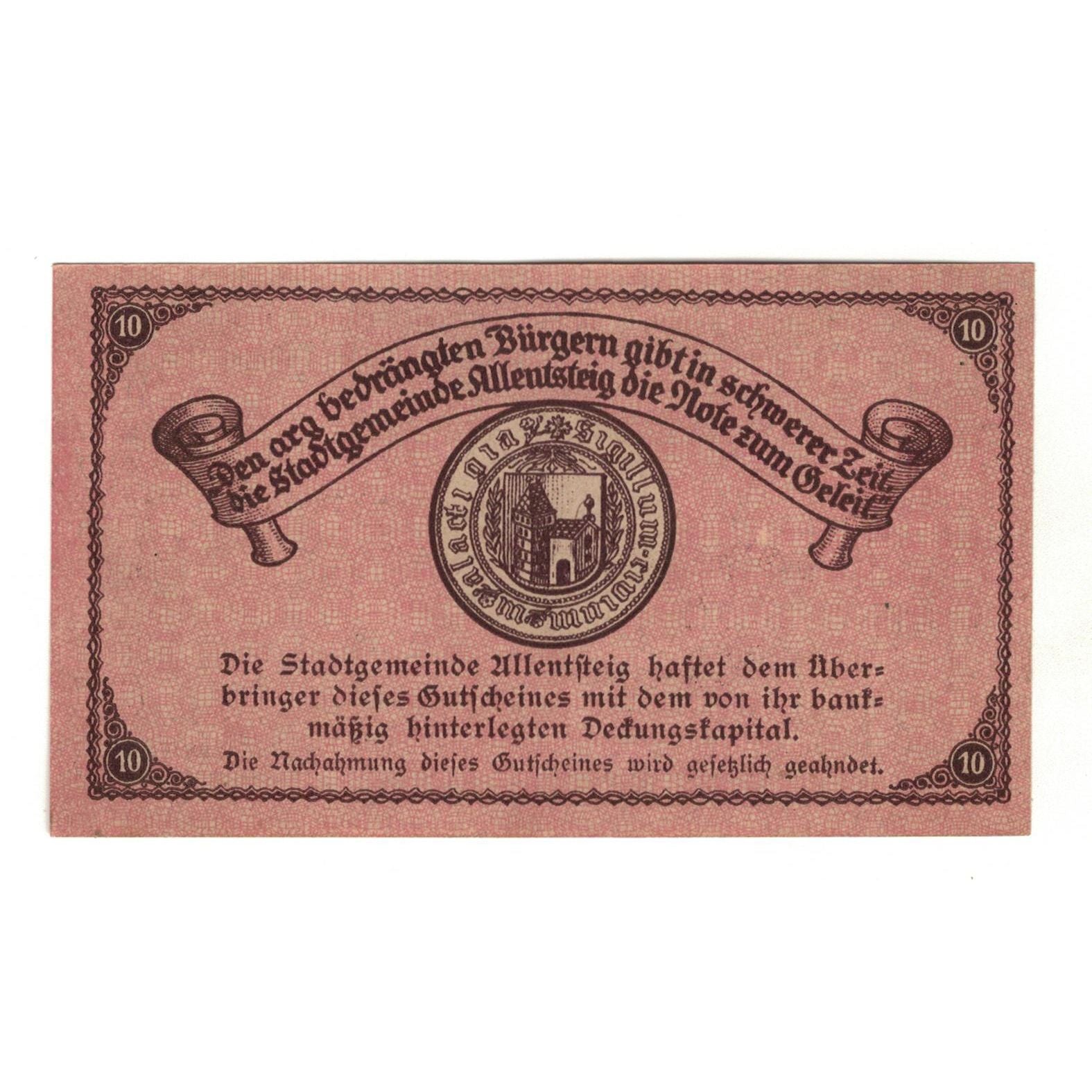Geldschein, Österreich, Allentsteig N.Ö. Stadtgemeinde, 10 Heller, Texte 8
