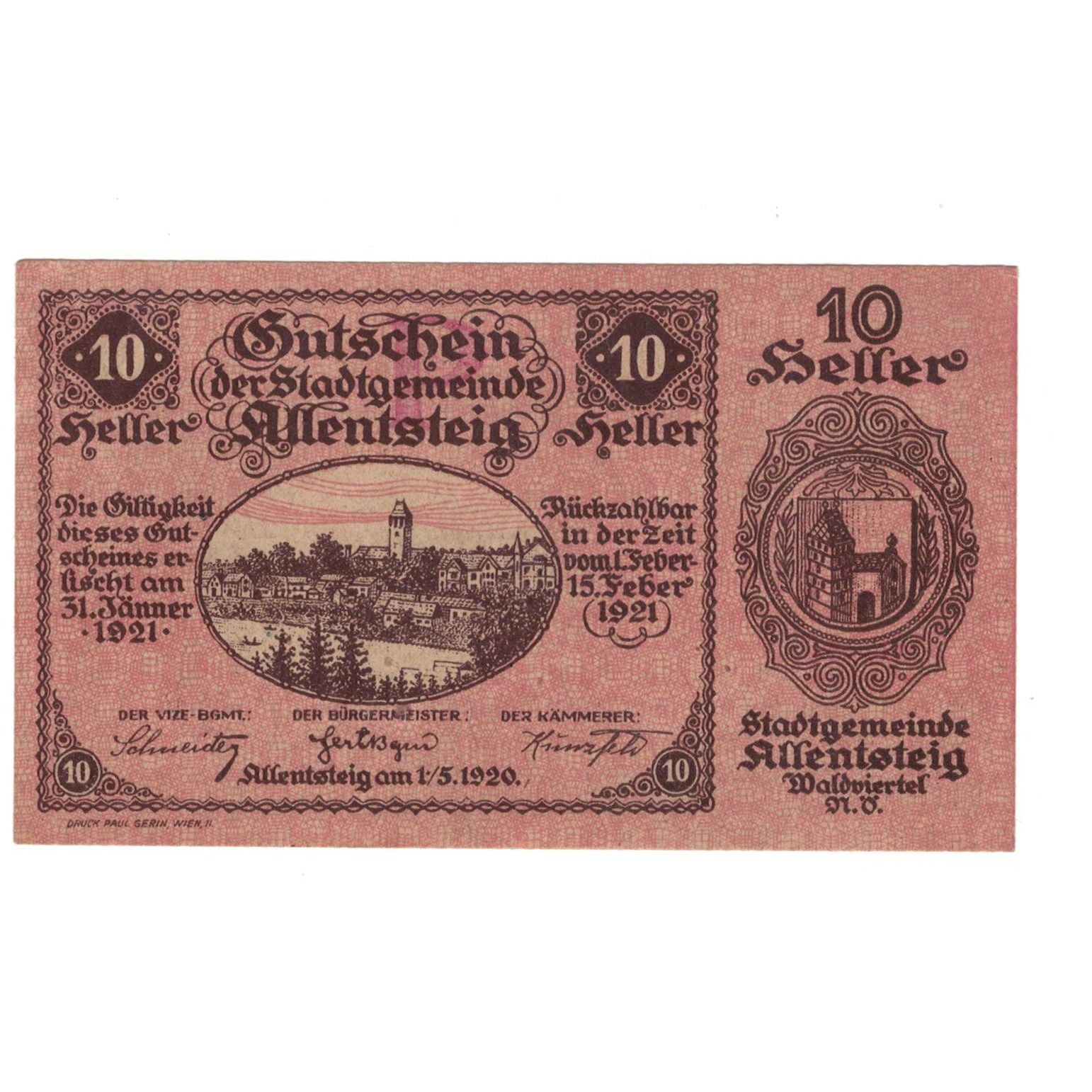 Geldschein, Österreich, Allentsteig N.Ö. Stadtgemeinde, 10 Heller, Texte 9