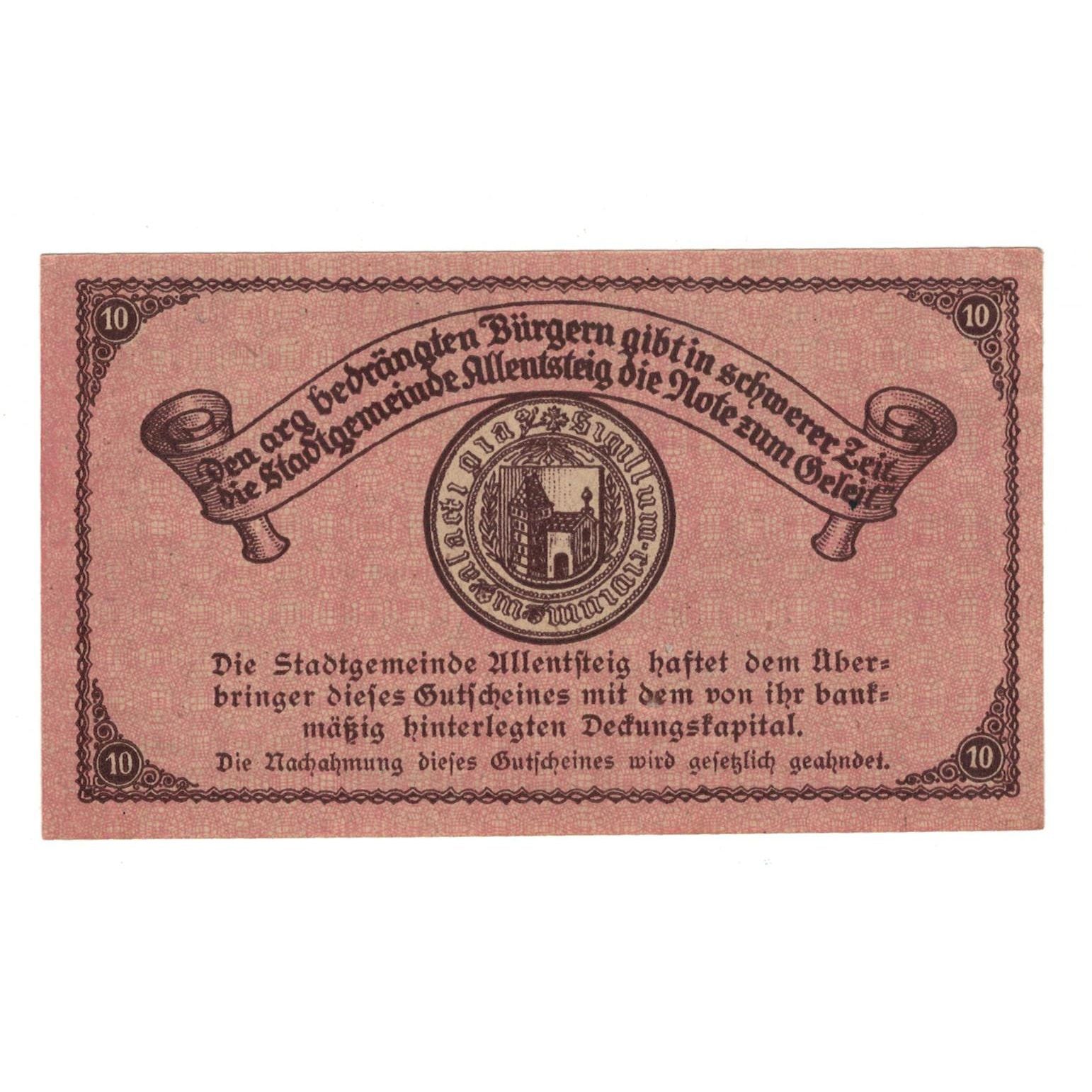 Geldschein, Österreich, Allentsteig N.Ö. Stadtgemeinde, 10 Heller, Texte 9