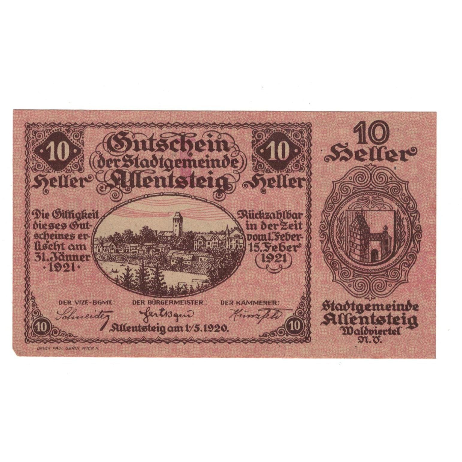 Geldschein, Österreich, Allentsteig N.Ö. Stadtgemeinde, 10 Heller, Texte  5