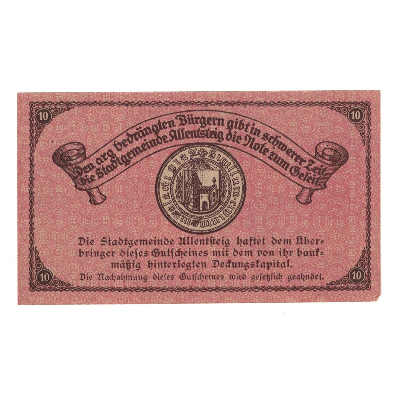 Geldschein, Österreich, Allentsteig N.Ö. Stadtgemeinde, 10 Heller, Texte  5