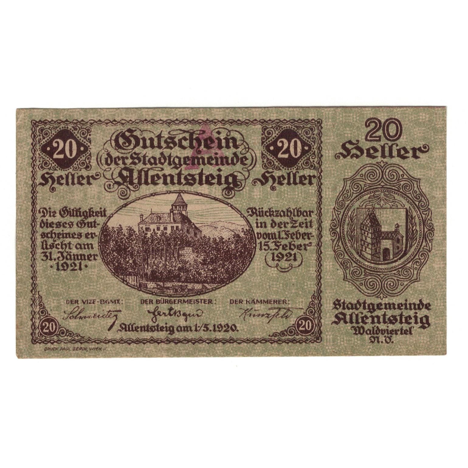 Geldschein, Österreich, Allentsteig N.Ö. Stadtgemeinde, 20 Heller, Texte
