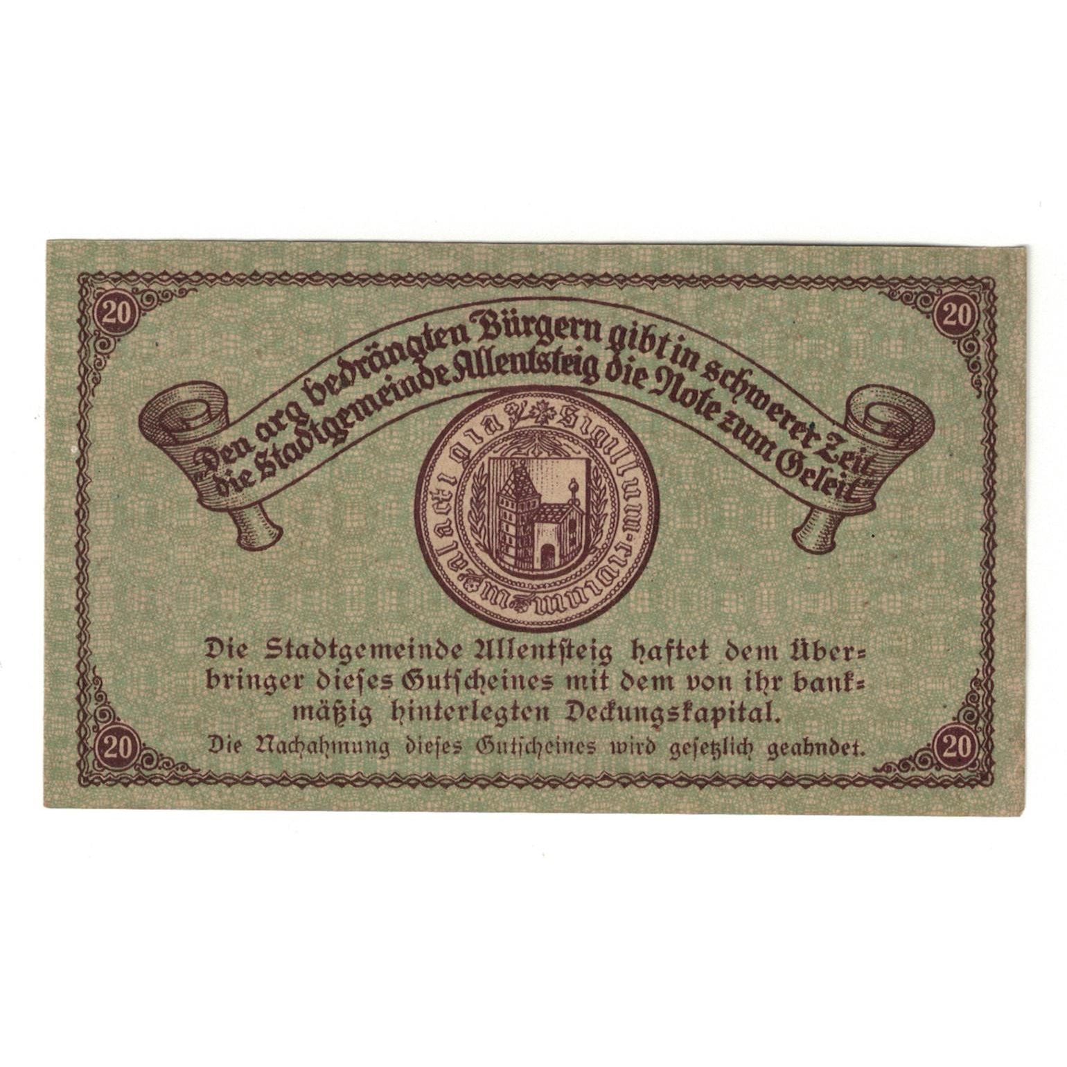 Geldschein, Österreich, Allentsteig N.Ö. Stadtgemeinde, 20 Heller, Texte