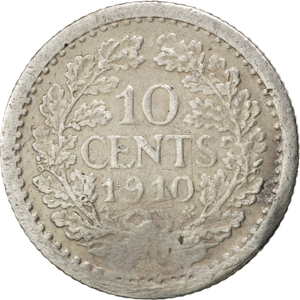 NETHERLANDS, 10 Cents, 1910, KM #145, VF(30-35), Silver, 15, 1.38
